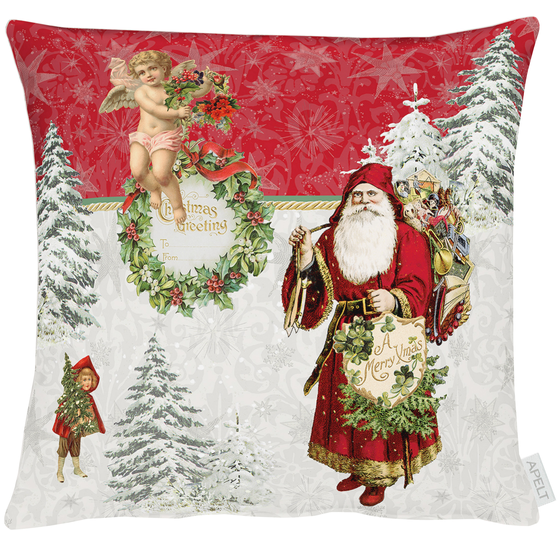 DAS LILA HAUS hat die Kissenhülle 9533 aus der Serie Winterwelt mit einem  nostalgischen Weihnachtsmann und verschneiten Tannen von APELT in 50 x 50  cm. | Das Lila Haus